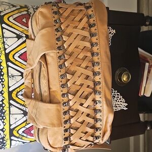 Romygold Woven Leather/Brackets Women's Spacious Travel Bag, Buttery Cream, New